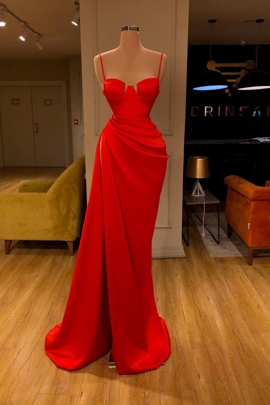 Gorgeous Spaghetti Strap Unique Round Cup High split Red Prom Dress