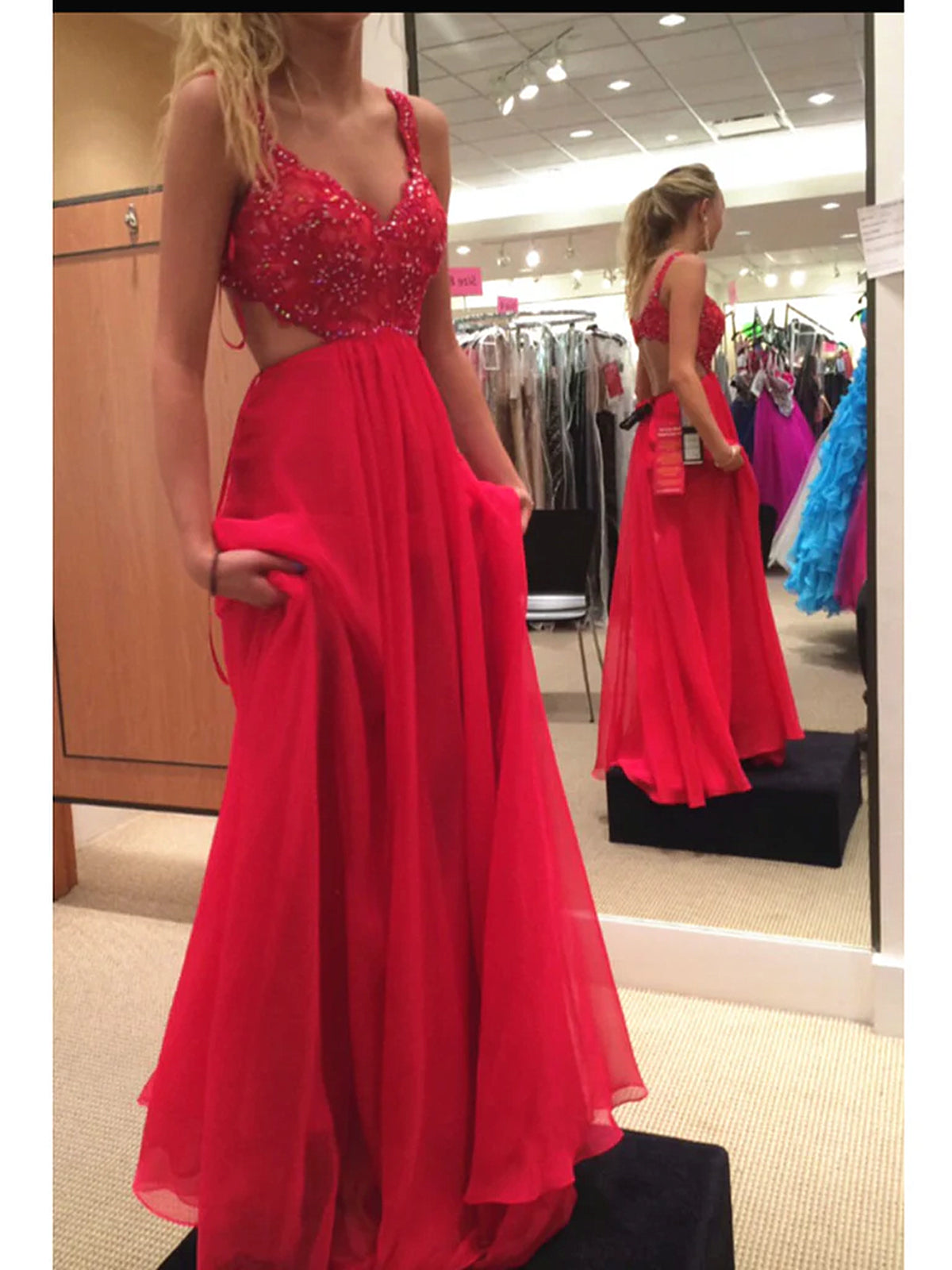 Red Dress, Custom Made A Line Backless Lace Red Prom Dresses, Lace Formal Dresses, Bridesmaid Dresses