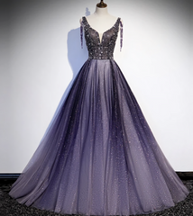Charming Purple Gradient Tulle V Neckline Long Party Dress, A Line Prom Dress