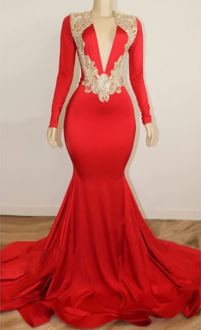 Black Girl Prom Dresses, Long Sleeve Red Prom Dresses With Beads Crystals V Neck Open Back Sexy Evening Gowns Cheap