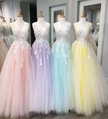 F0187 Floor Length Tulle V Neck Prom Dresses With Appliques
