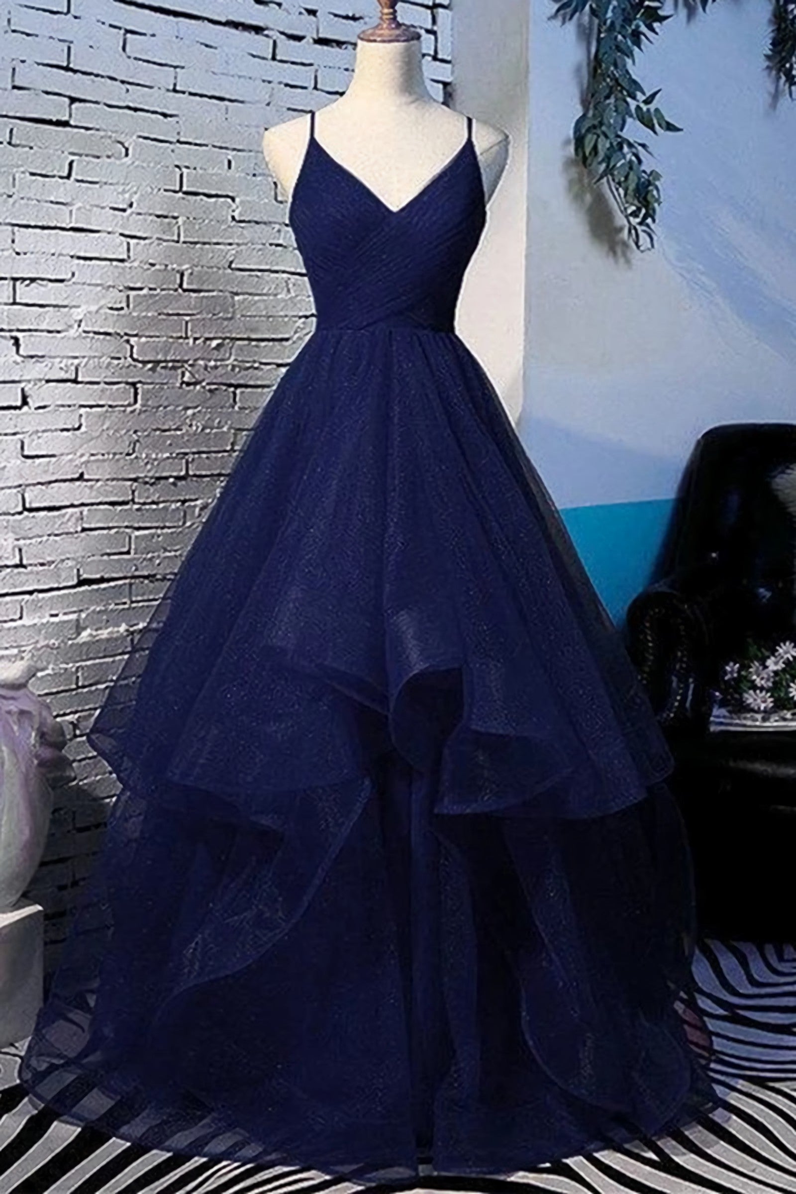 Fluffy V Neck Navy Blue Long Prom Dress, With Straps V Neck Navy Blue Formal Dress, Navy Blue Evening Dress