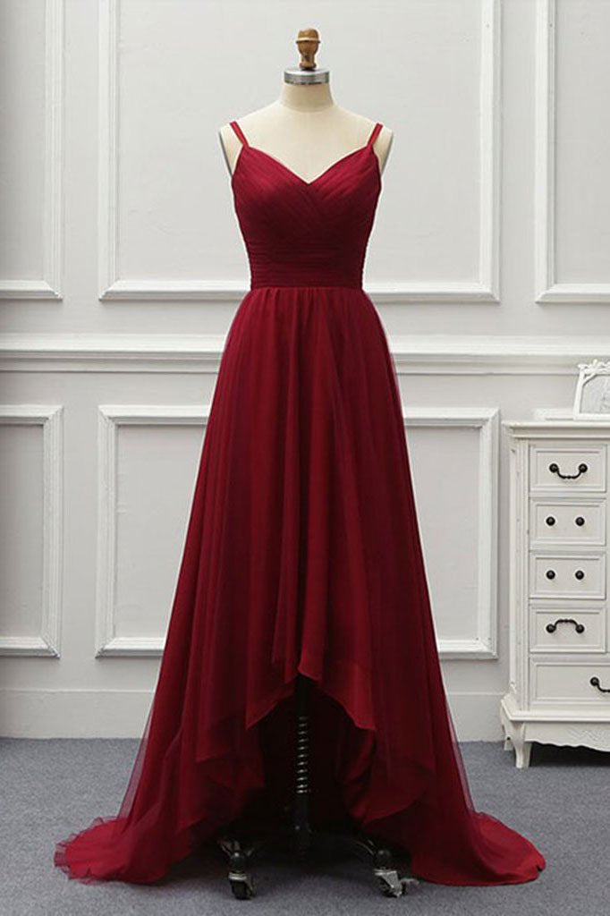 A Line High Low Tulle Prom Dress with Train, Burgundy V Neck Backless Formal Dress