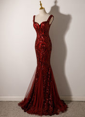 Prom Dress Gold, Wine Red Straps Sweetheart Mermaid Long Party Dress, Wine Red Sequins Prom Dress