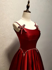 Wine Red Satin Straps Round Neckline Party Dress, Wine Red Long Prom Dress
