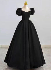 Black Sweetheart Short Sleeves Beaded Party Dress, A-Line Black Satin Prom Dress