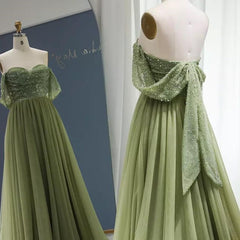 Off the Shoulder Beaded Green Tulle Long Prom Dress, Off Shoulder Green Formal Dress, Beaded Green Evening Dress