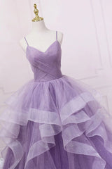 Princess Lavender Sparkly Spaghetti Straps Long Prom Dress Floor Length Evening Gown