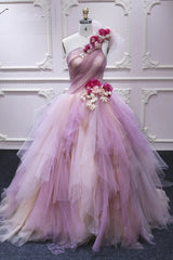 Puffy One Shoulder Sleeveless Tulle Prom Dress with Flowers, Ruffles Quinceanera Dress