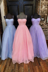 Shiny Tulle Open Back Pink Lilac Blue Long Prom Dress, Long Pink Lilac Blue Tulle Formal Graduation Evening Dress