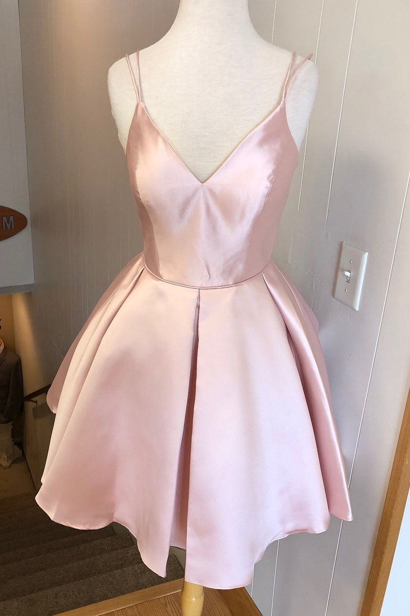 Simple V Neck Straps Short Pink Homecoming Dress, Backless Satin Sweet 16 Dresses