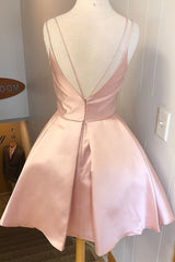 Simple V Neck Straps Short Pink Homecoming Dress, Backless Satin Sweet 16 Dresses
