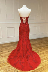 Strapless Sweetheart Neck Mermaid Red Lace Long Prom Dress, Mermaid Red Lace Formal Dress, Red Lace Evening Dress