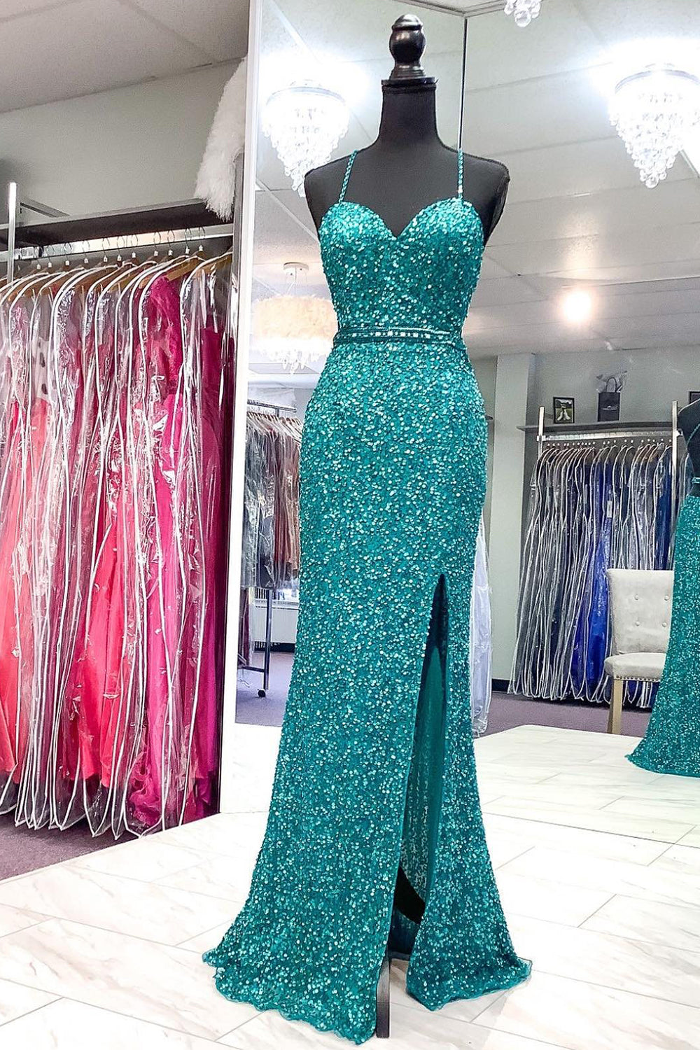 Spaghetti Straps Green Backless Sequins Prom Dress with Slit