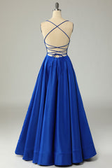 Royal Blue Backless Satin Prom Dress