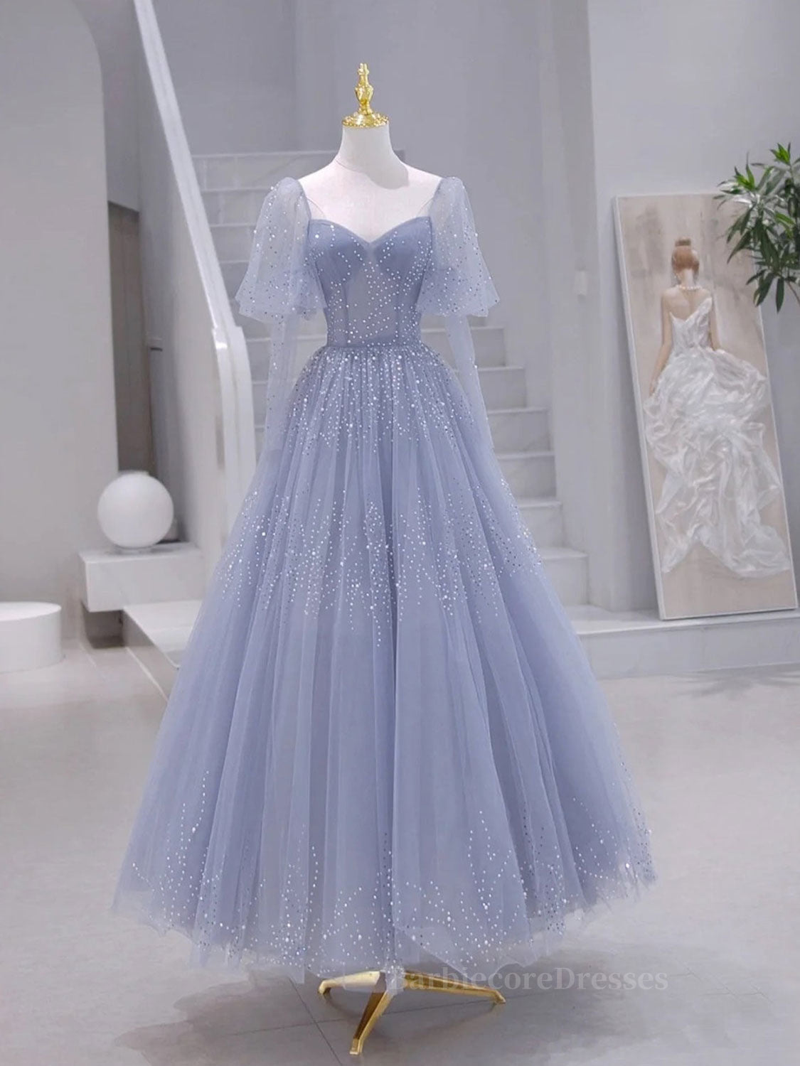 A-Line Long sleeves Beading Gray Blue Long Prom Dress, Gray Blue Formal Dress