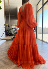 A Line V Neck Full Long Sleeve Long Floor Length Chiffon Prom Dress With Pleated