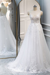 A Line V Neck White Lace Long Prom Dress, White Lace Wedding Dress, White Formal Evening Dress