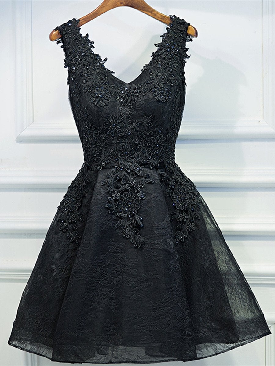 Black Lace Graduation Dresses, A Line Black Homecoming Dresses, Semi Formal Dress