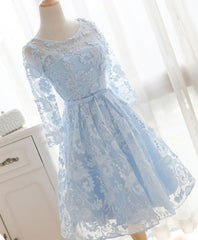 Blue Round Neck Lace Short Prom Dress, Blue Bridesmaid Dress, Homecoming Dress