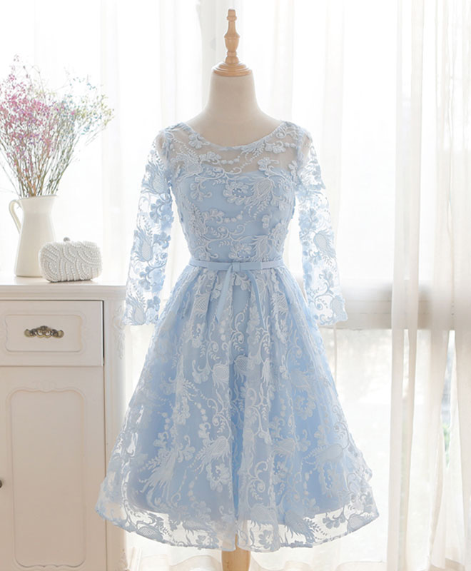 Blue Round Neck Lace Short Prom Dress, Blue Bridesmaid Dress, Homecoming Dress
