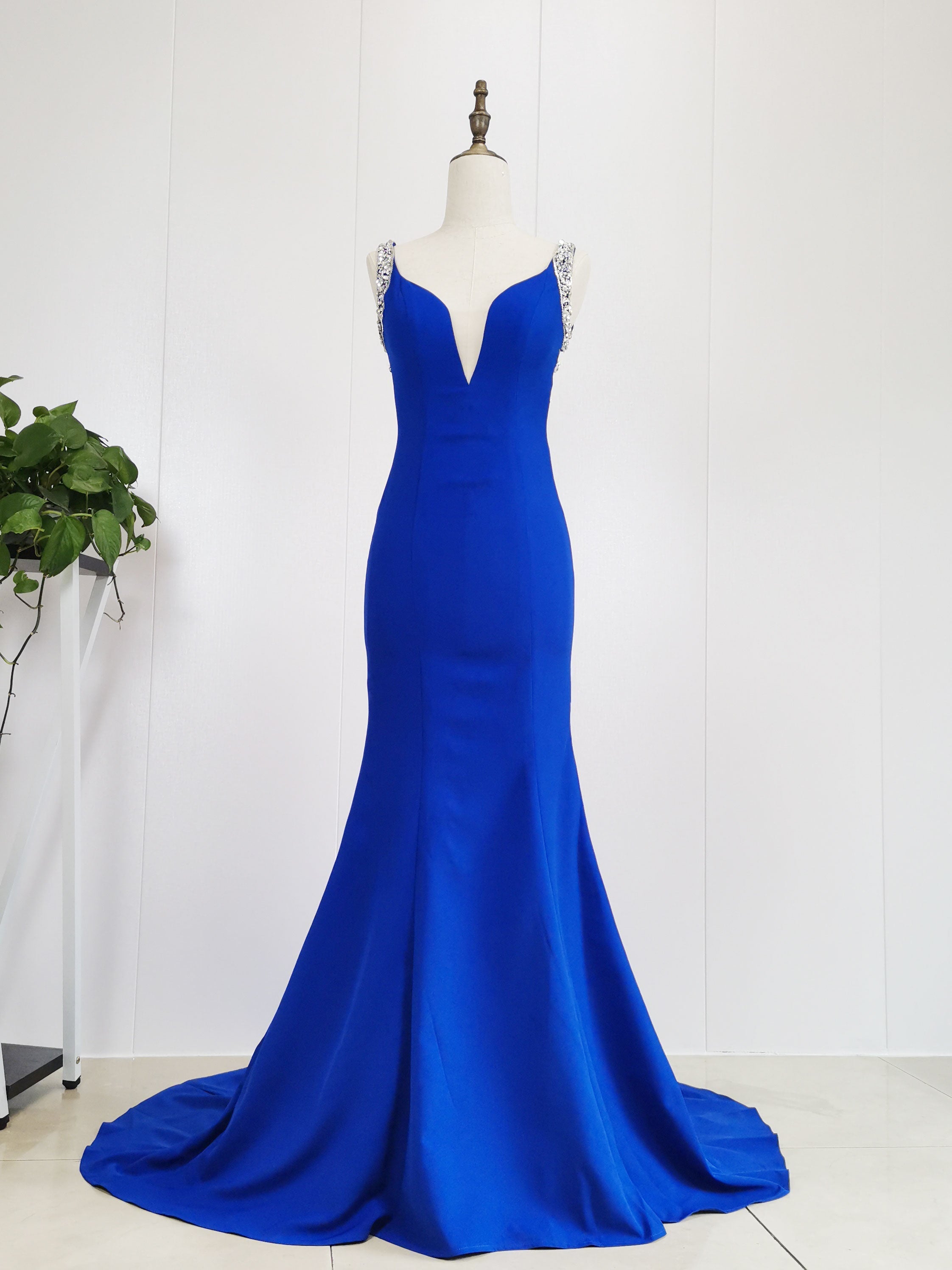 Blue Satin Beads Long Mermaid Prom Dress Blue Formal Dress