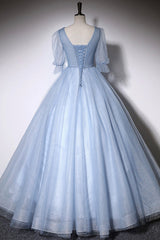 Blue V-Neck Tulle Long Prom Dress, A-Line Formal Evening Dress