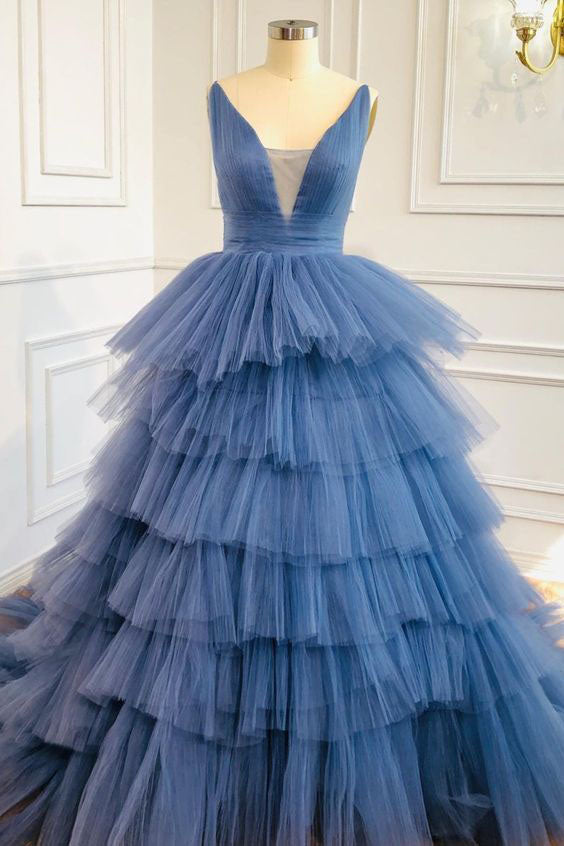 Blue V Neck Tiered Sleeveless Tulle Prom Dress, Gorgeous Long Party Dress