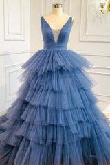 Blue V Neck Tiered Sleeveless Tulle Prom Dress, Gorgeous Long Party Dress