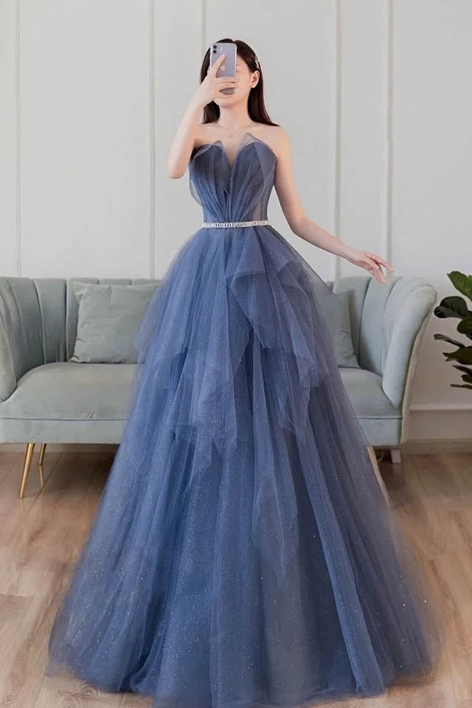 Blue Sweetheart Sleeveless Floor Length Sparkly Evening Prom Dress with Belt