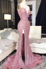 Pink Sweetheart Sequin Mermaid Long Prom Dress, Pink Evening Dress