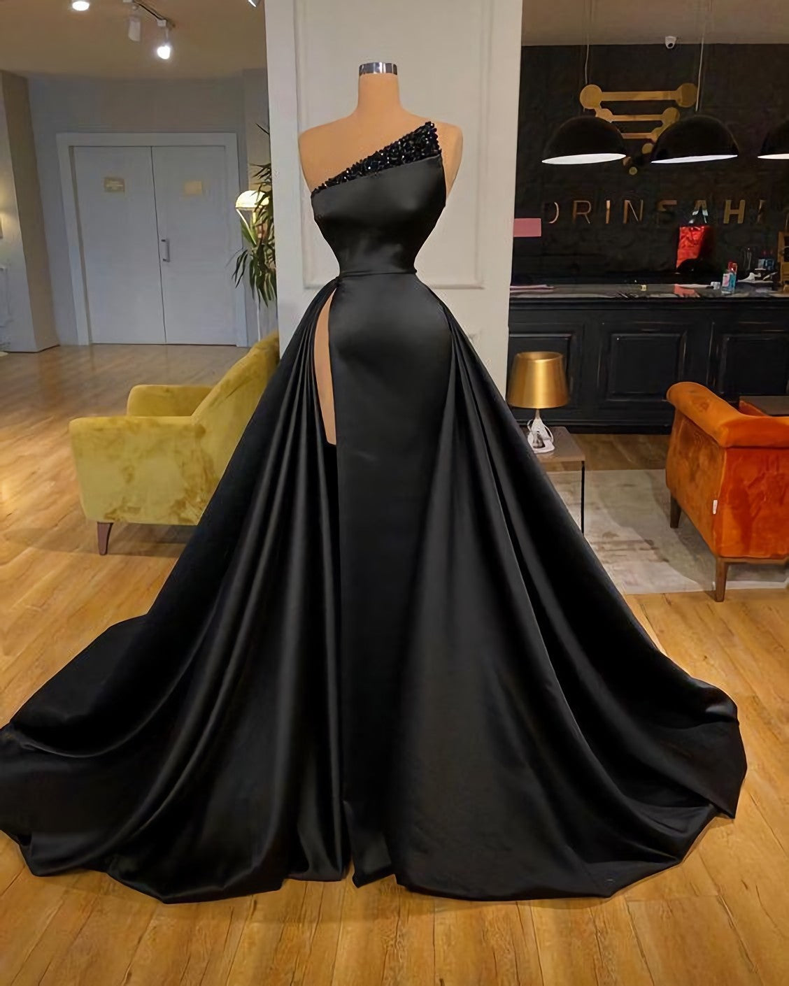 Black Satin Long Prom Dresses, Long Formal Dresses
