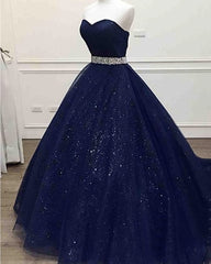 Ong Navy Blue Sparkle Sweetheart Tulle Prom Dress, With Beading Belt