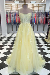 Yellow Tulle Lace Long Prom Dress, Yellow Lace Formal Dress