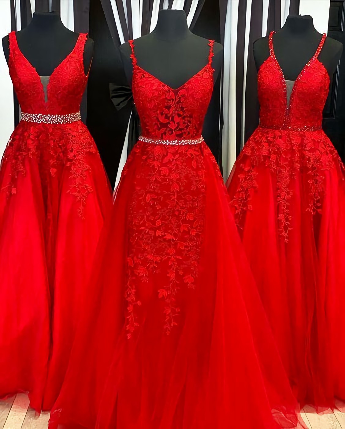 A Line Red Beaded Tulle Gown Prom Dresses