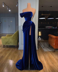 One Shoulder Royal Blue Velvet Evening Prom Dress, With Slit