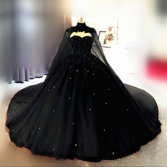 Vintage Gothic Style Black Quinceanera Dresses, Ball Gown With Cape Prom Dresses