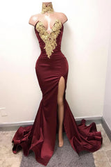 Burgundy Lace Long Prom Dress, Mermaid Evening Dress