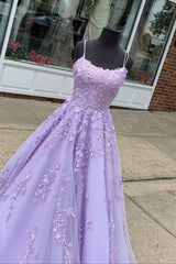 A Line Lavender Lace Appliqued Long Prom Dress, Formal Gown