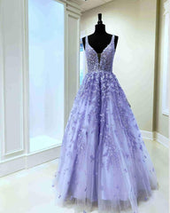 Gorgeous V Neck Embroidery Lavender Long Prom Dress