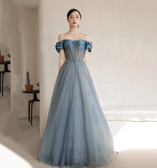 Blue Tulle Long A Line Prom Dress, Off Shoulder Evening Dress