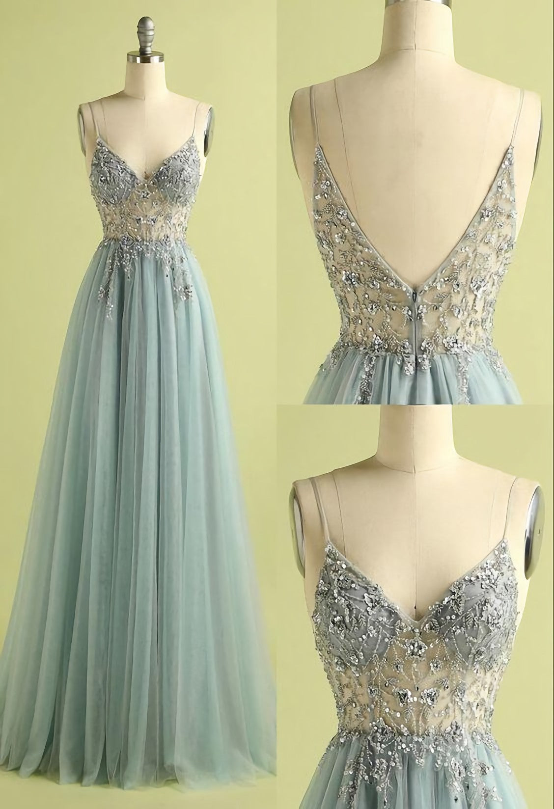 Vintage Prom Dresses, V Neck Slit Tulle Dress
