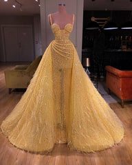 Elegant Tulle Ball Gown Prom Dresses, Long Yellow Evening Gown