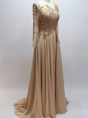 A Line Scoop Neck Chiffon With Beaded Long Sleeves Prom Dresses
