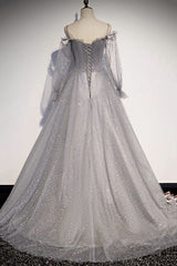 Gray Tulle Sequins Long A Line Prom Dress, Evening Dress