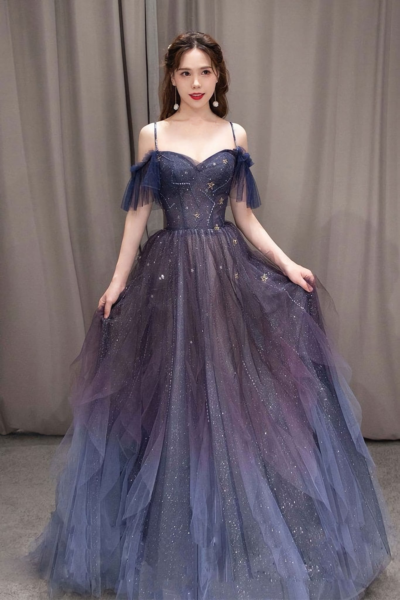 Purple Sweetheart Neck Tulle Long Prom Dress, Purple Formal Dress