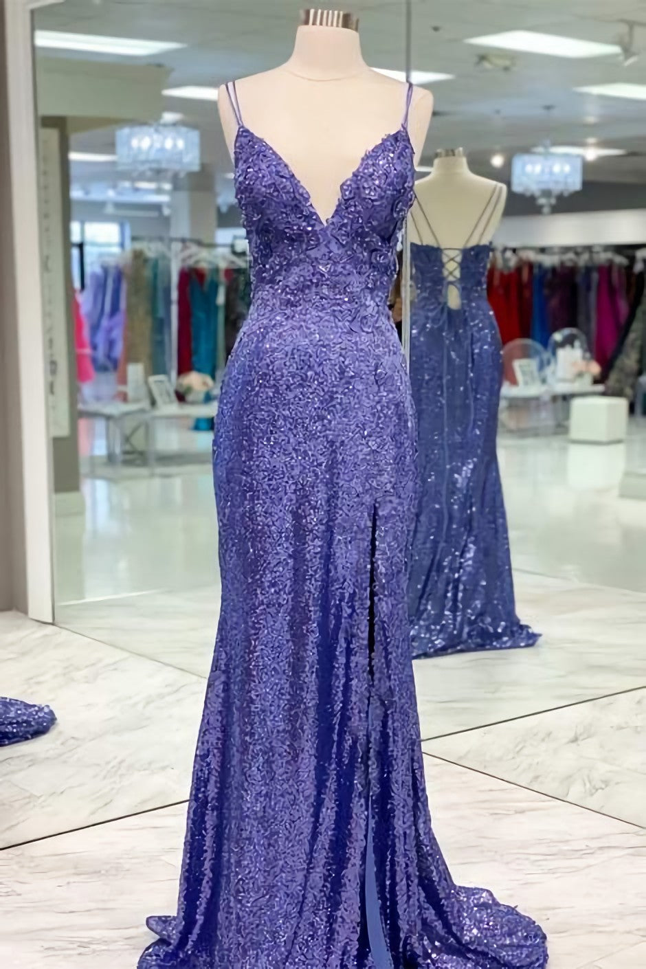 Tight Purple Sequined Long Prom Dress, With Slit