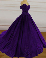 Purple Wedding Dresses, Lace Ball Gown Prom Dress, Off The Shoulder For Women