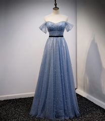Blue Tulle Long A Line Prom Dress, Evening Dress