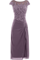 Knee Length Mauve Tight Chiffon Mother Of The Bride Prom Dress, With Cap Sleeves